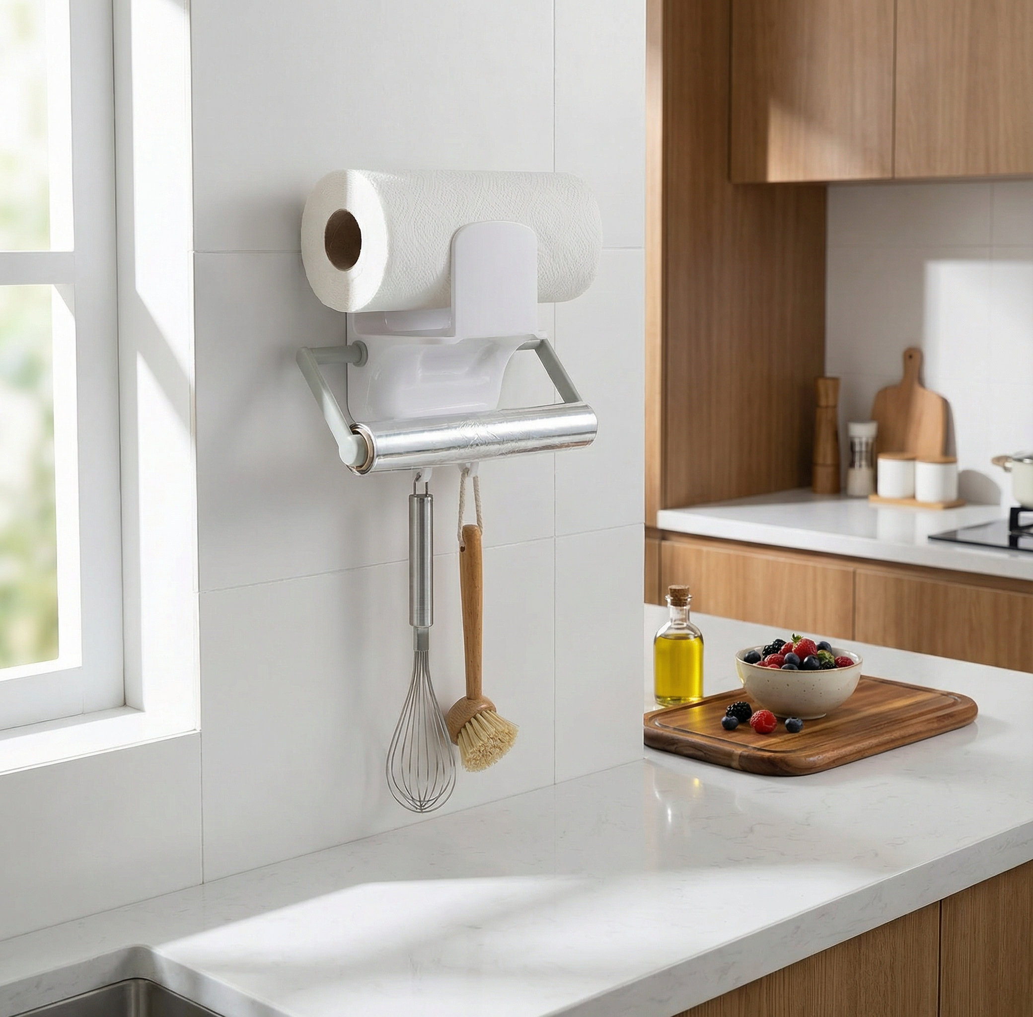 Multifunctional Paper Towel Holder & Kitchen Roll Stand – Countertop Plastic Rack, White