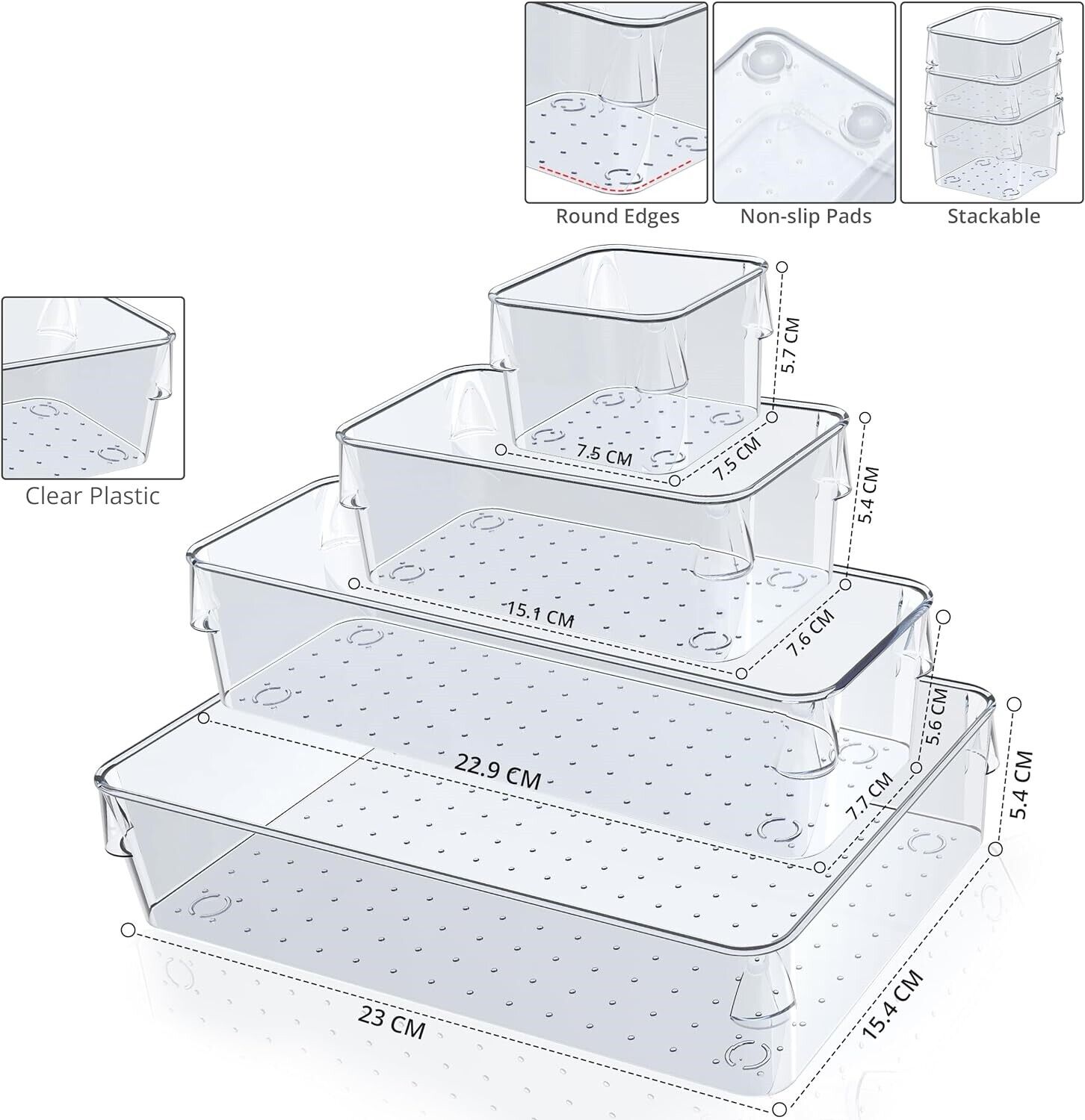 25-Piece Clear Drawer Organizer Set – Stackable Plastic Storage Bins for Kitchen, Bathroom & Desk