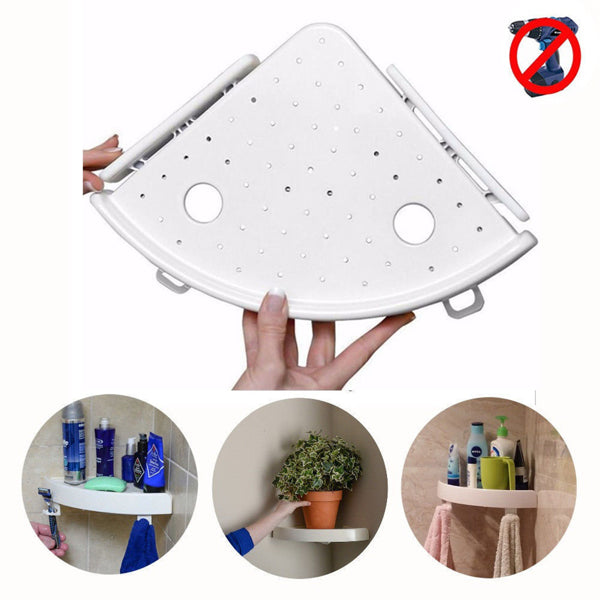 No-Drill Corner Bathroom Shelf Organizer with Hooks – 4kg, White
