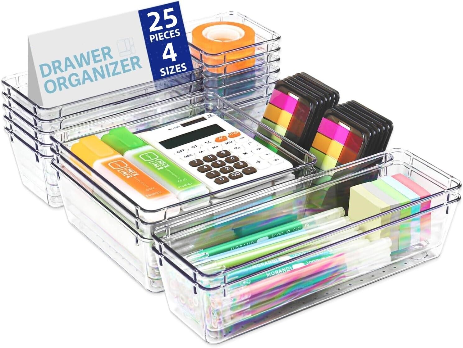 25-Piece Clear Drawer Organizer Set – Stackable Plastic Storage Bins for Kitchen, Bathroom & Desk