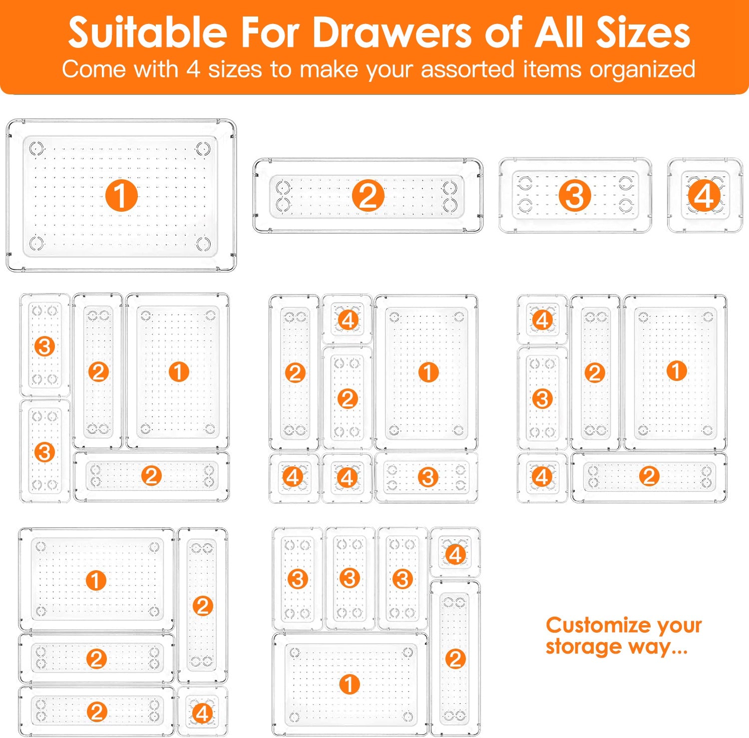 25-Piece Clear Drawer Organizer Set – 4 Sizes, PET Divider Trays