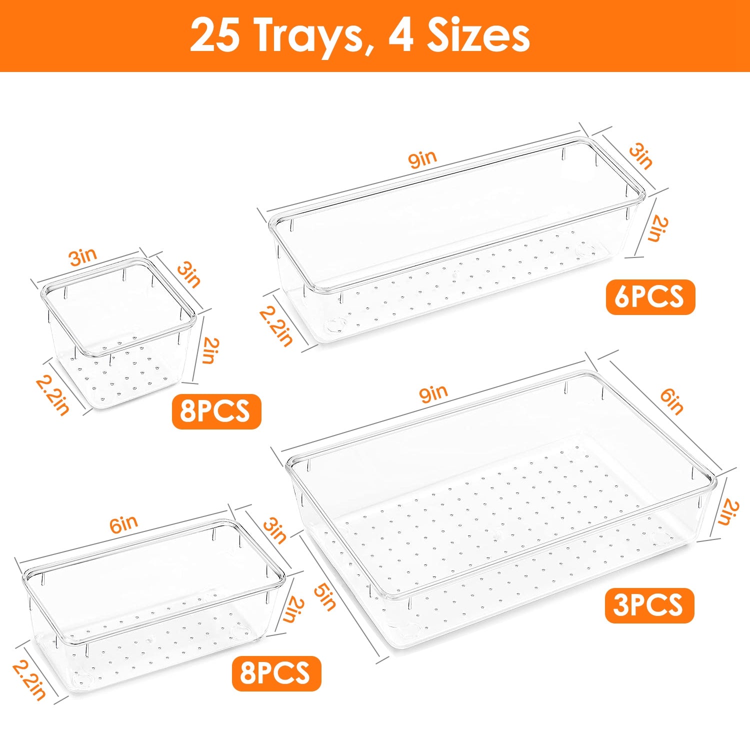 25-Piece Clear Drawer Organizer Set – 4 Sizes, PET Divider Trays