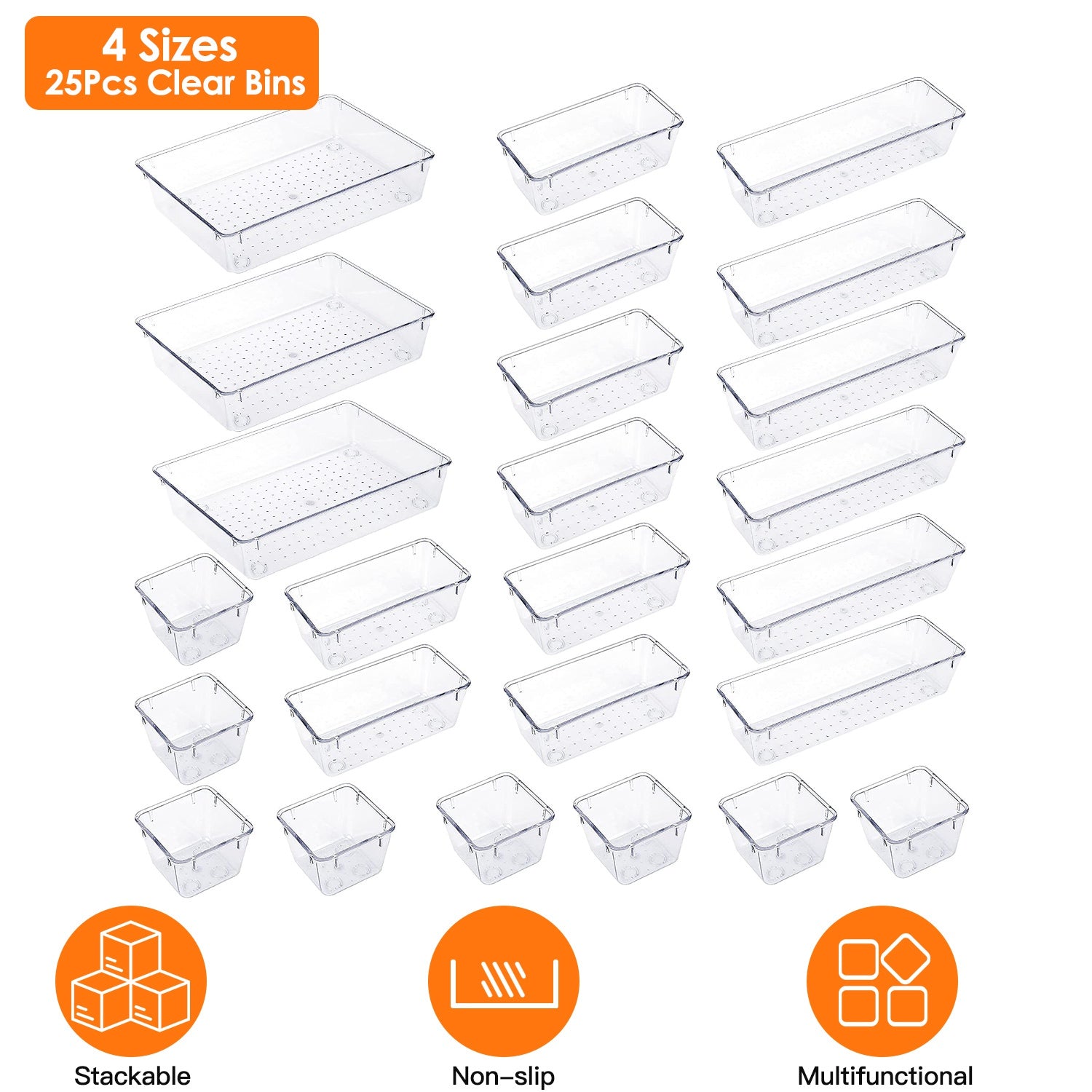 25-Piece Clear Drawer Organizer Set – 4 Sizes, PET Divider Trays