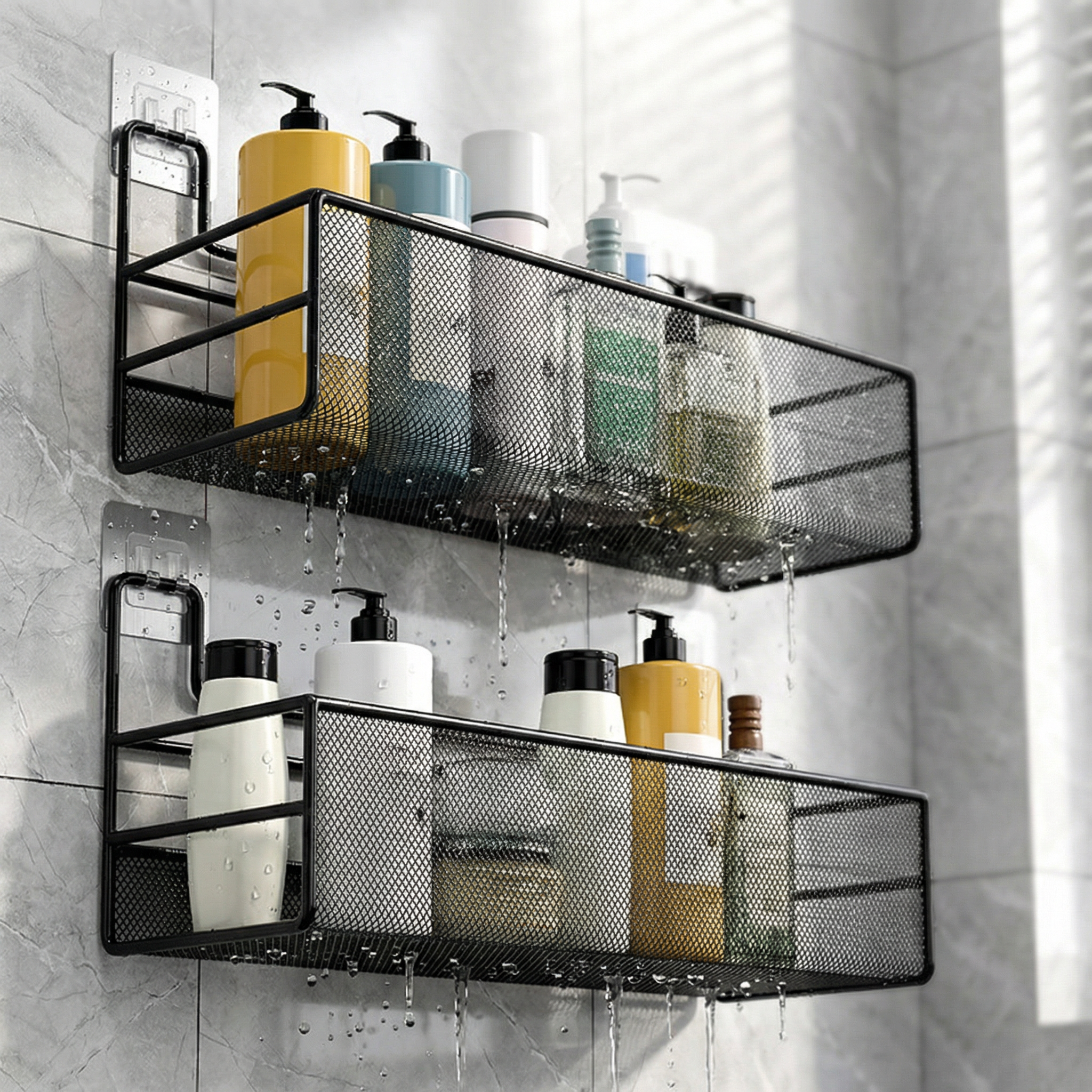 No Drill Wall Shower Shelf – Iron Mesh Bathroom Organizer Rack