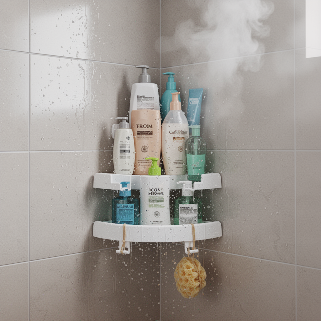 No-Drill Corner Bathroom Shelf Organizer with Hooks – 4kg, White