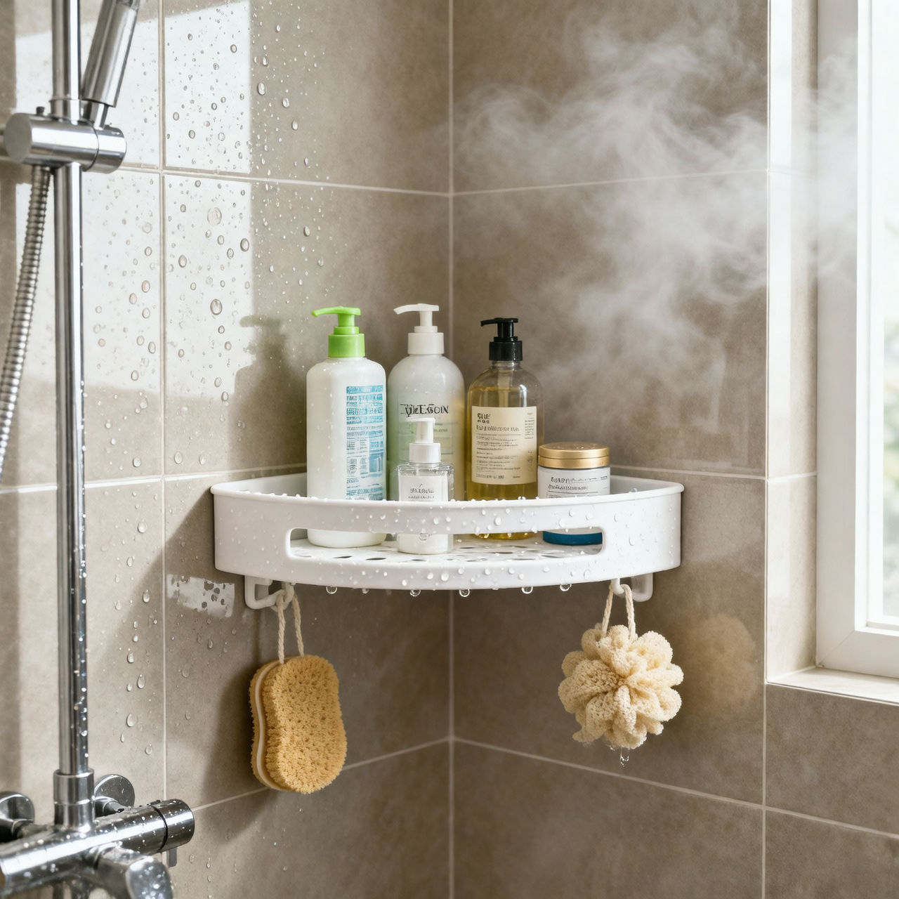 No-Drill Corner Bathroom Shelf Organizer with Hooks – 4kg, White